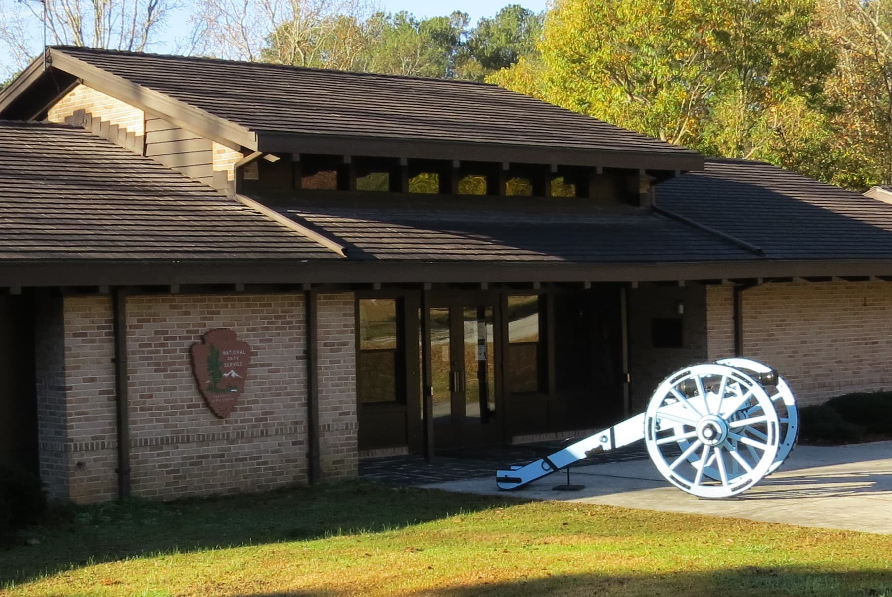 blue cannon sits in front of park's visitor center